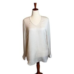 Cabi Classic blouse off white long sleeve ruffle cuff v neck tunic popover  Sz L